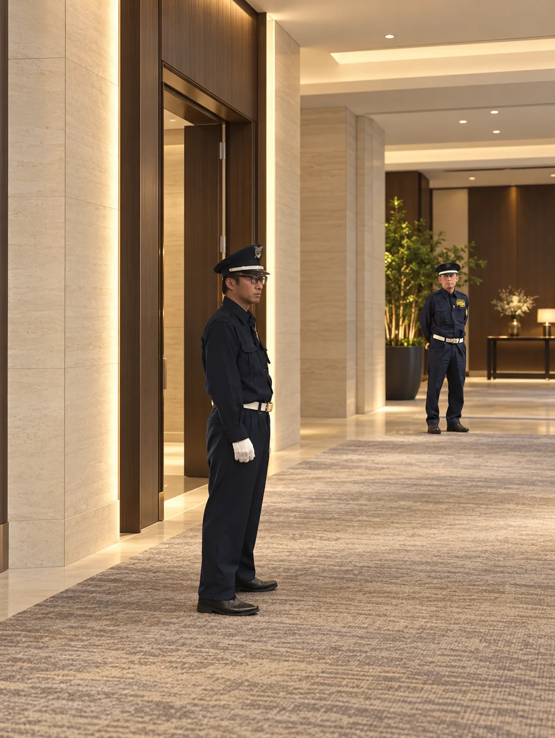 架空の施設ロビーを背景に立つ制服姿の警備士